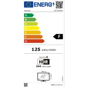 Étiquette énergie pour SAMSUNG TQ77S90F : classé F, 125 kWh/1000h, écran 77 pouces, résolution 4K, support HDR.