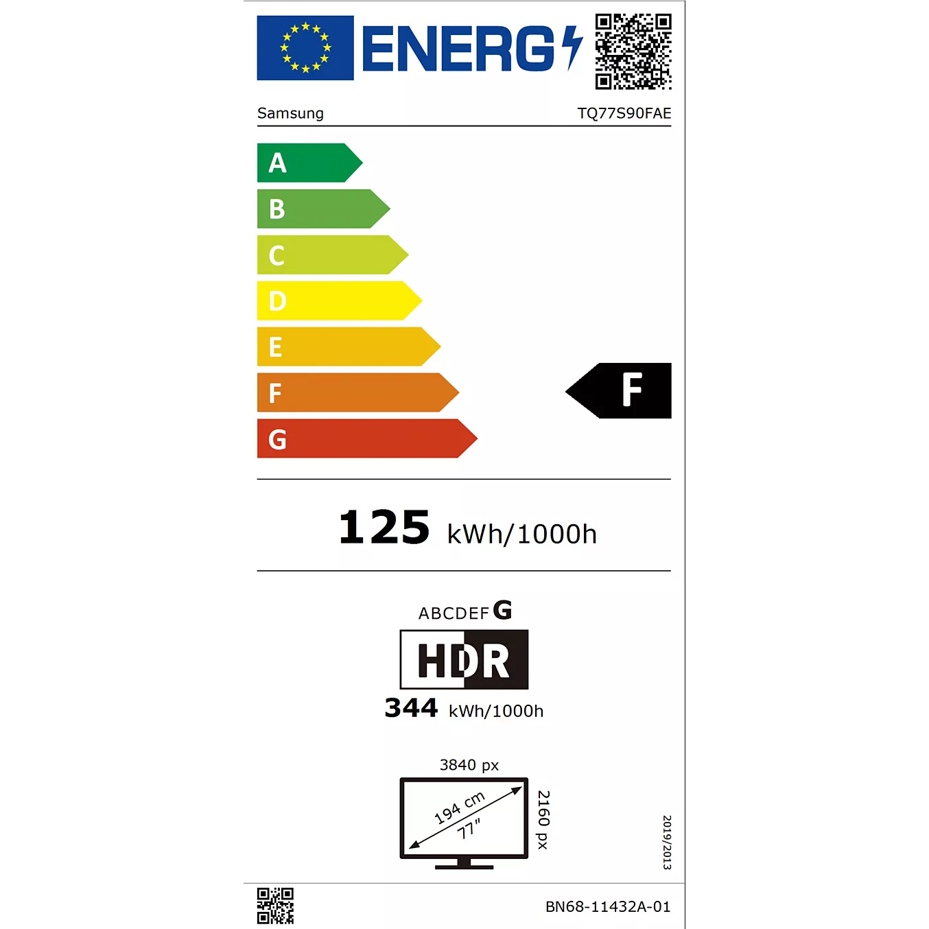Étiquette énergie pour SAMSUNG TQ77S90F : classé F, 125 kWh/1000h, écran 77 pouces, résolution 4K, support HDR.