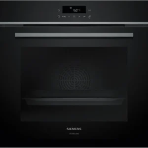 Le four encastrable SIEMENS HB472G0B3 de couleur noire est doté d'un affichage numérique et d'un panneau de commande, vu de face.
