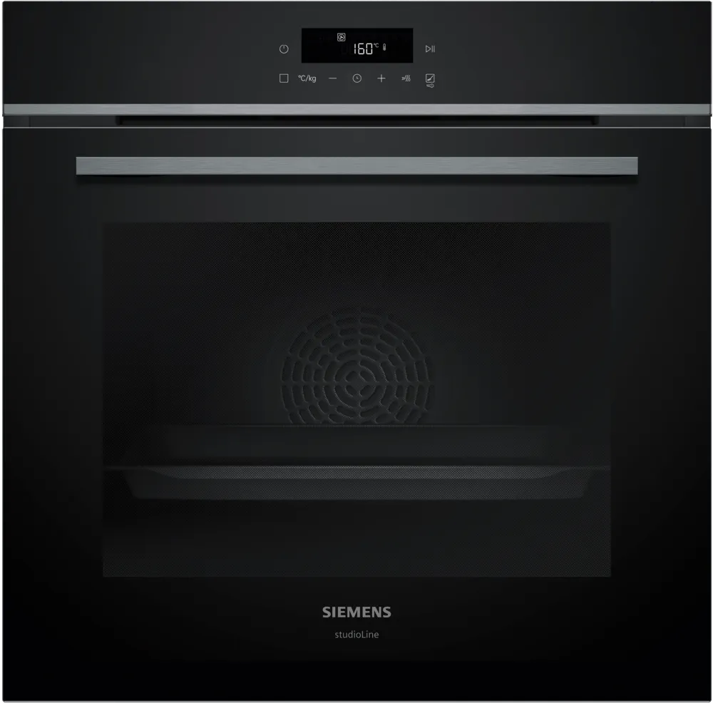 Le four encastrable SIEMENS HB472G0B3 de couleur noire est doté d'un affichage numérique et d'un panneau de commande, vu de face.