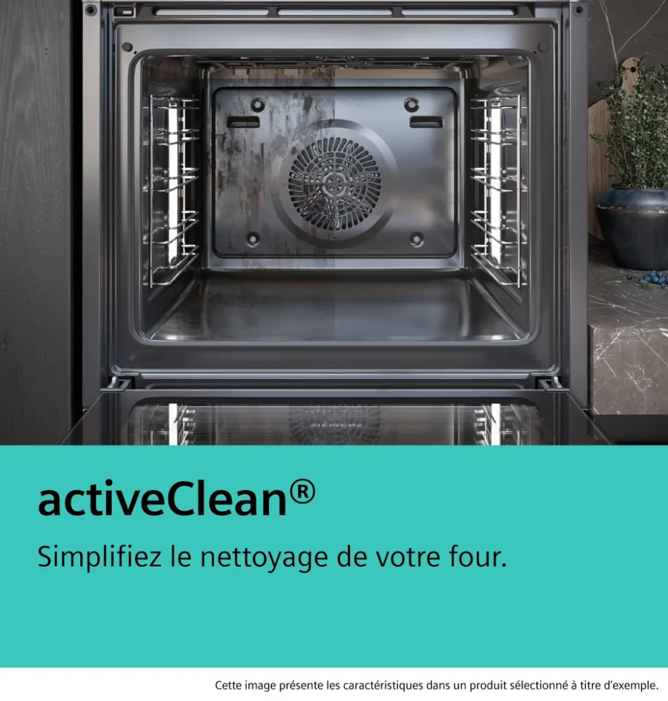 Le four SIEMENS HB472G0B3 est doté d'un intérieur propre et d'un message à la française soulignant sa facilité de nettoyage grâce à la technologie activeClean.