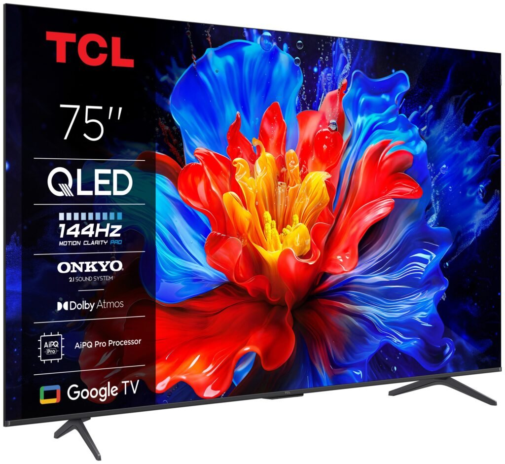 Le téléviseur QLED 75P8K 75 pouces de TCL présente une fleur éclatante, mettant en avant des fonctionnalités telles que le taux de rafraîchissement de 144 Hz, l'audio Dolby Atmos et Google TV.