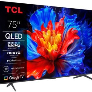 Le téléviseur QLED 75P8K 75 pouces de TCL affiche une fleur vibrante et colorée à l'écran tout en mettant en valeur ses caractéristiques technologiques avancées.