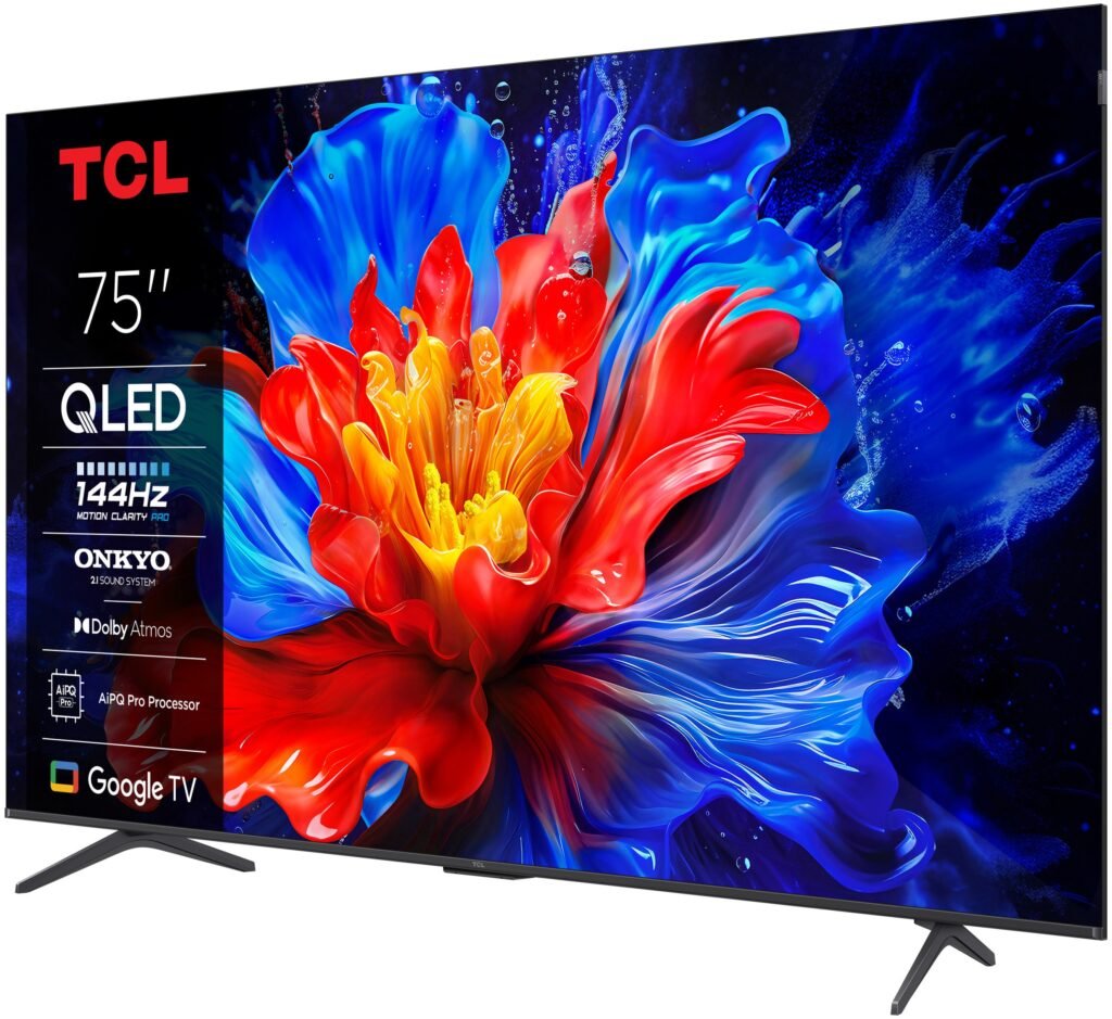 Un téléviseur intelligent TCL 75P8K 75 pouces QLED affiche une fleur rouge, jaune et bleue vibrante sur l'écran.