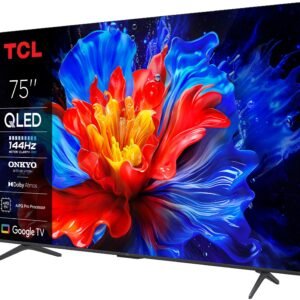 Un téléviseur intelligent TCL 75P8K 75 pouces QLED affiche une fleur rouge, jaune et bleue vibrante sur l'écran.