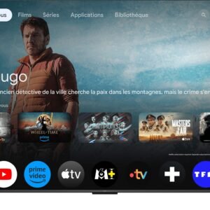 Le téléviseur TCL 75P8K affiche la page de l'émission d'Alex Hugo sur France TV, avec des icônes d'applications de streaming visibles en bas de l'écran.