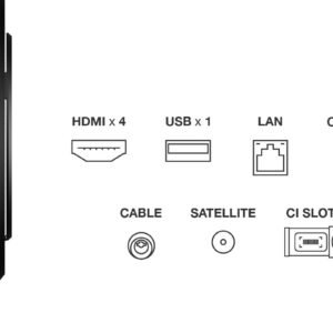 Gros plan des ports latéraux du TCL 75P8K avec des icônes pour les connexions HDMI, USB, LAN, optique, câble, satellite et CI Slot.
