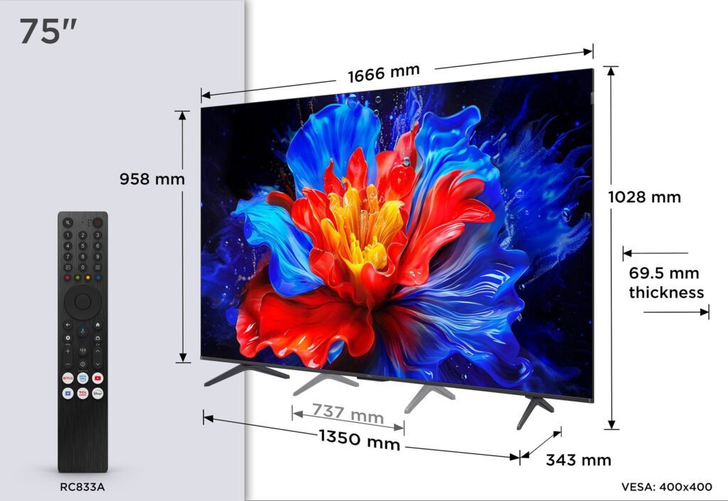 Téléviseur TCL 75P8K 75 pouces avec télécommande, écran floral vibrant et dimensions indiquées en millimètres pour la largeur, la hauteur et l'épaisseur.