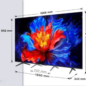 Téléviseur TCL 75P8K 75 pouces avec télécommande, écran floral vibrant et dimensions indiquées en millimètres pour la largeur, la hauteur et l'épaisseur.