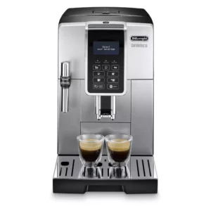 La machine à café DELONGHI FEB3535.SB, de couleur argentée, prépare deux tasses à la fois et dispose d'un écran numérique et d'un panneau de commande intuitif.