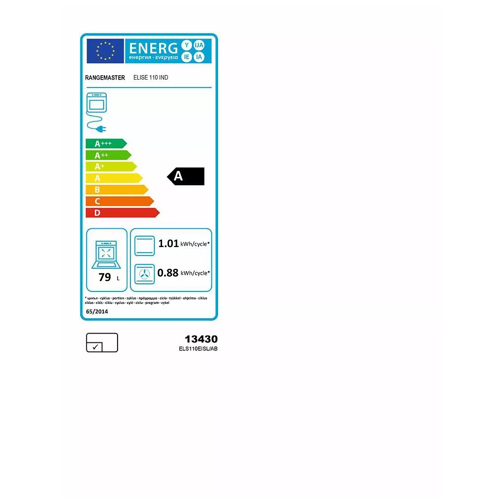 Etiquette énergétique européenne pour le four FALCON ELS110EIGB/BE-EU, avec la classe énergétique A et les détails de la consommation en kWh et en litres.
