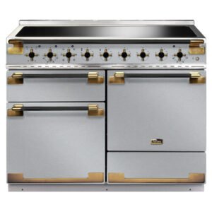 Le FALCON ELS110EIGB/BE-EU est une cuisinière à four argenté et doré dotée de plusieurs boutons, de deux fours et de deux compartiments de rangement.