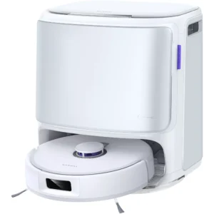 Un aspirateur robotisé NARWAL FREO FLOW blanc est installé dans sa station de charge et de nettoyage blanche assortie.