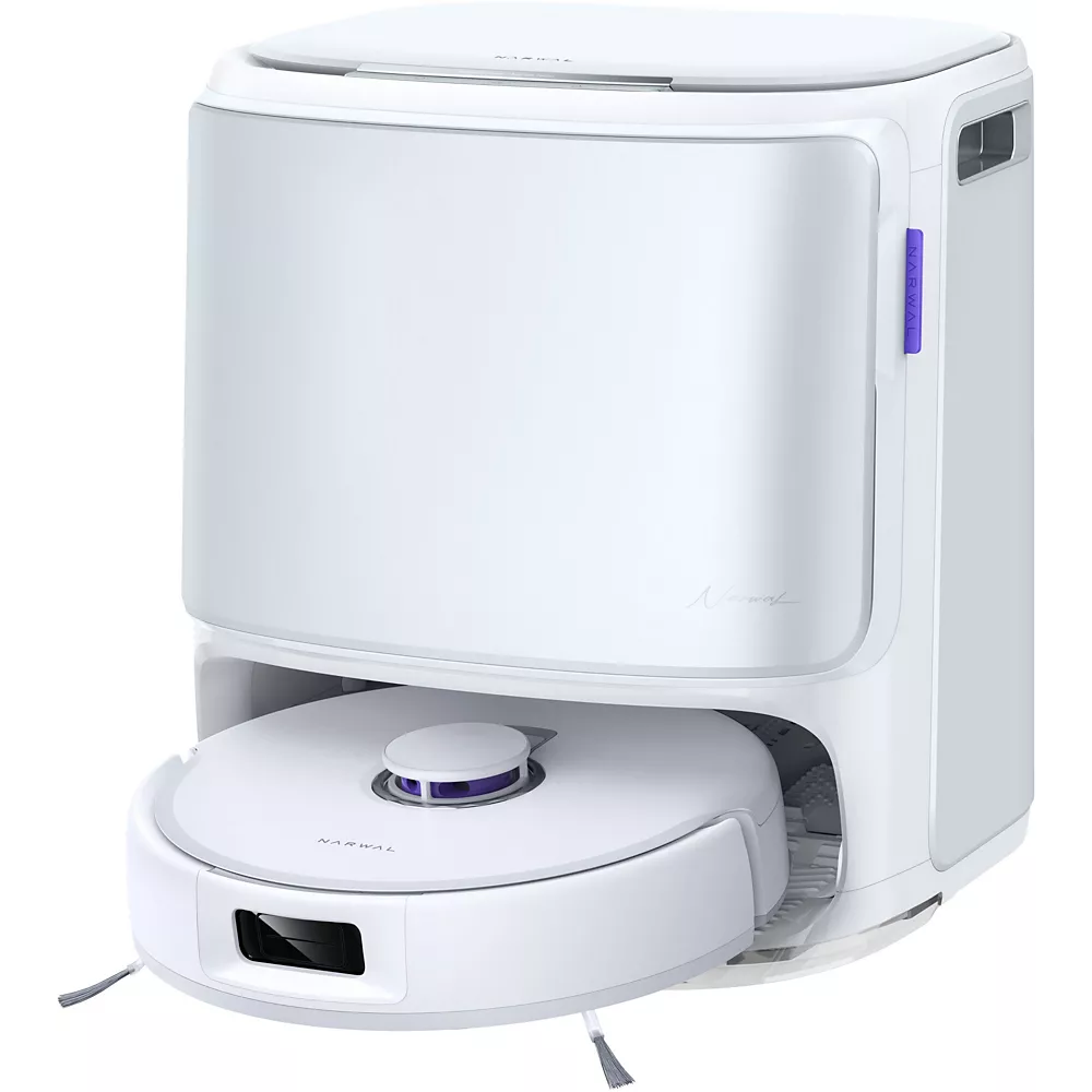 Un aspirateur robotisé NARWAL FREO FLOW blanc est installé dans sa station de charge et de nettoyage blanche assortie.