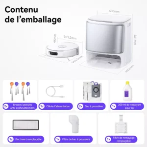 Le coffret NARWAL FREO FLOW comprend l'aspirateur robot, la station d'accueil, les accessoires, le câble d'alimentation, les filtres, les sacs à poussière et le liquide de nettoyage.
