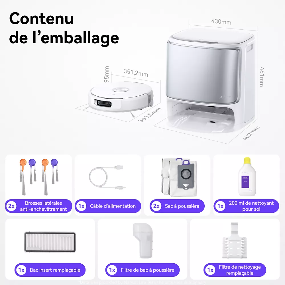 Le coffret NARWAL FREO FLOW comprend l'aspirateur robot, la station d'accueil, les accessoires, le câble d'alimentation, les filtres, les sacs à poussière et le liquide de nettoyage.