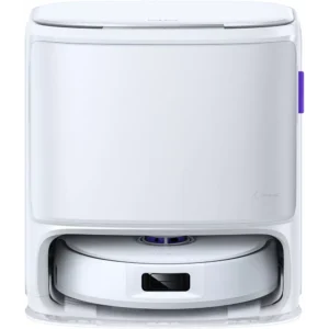 Un aspirateur robotisé NARWAL FREO FLOW blanc est placé dans sa station de charge, vue de face.