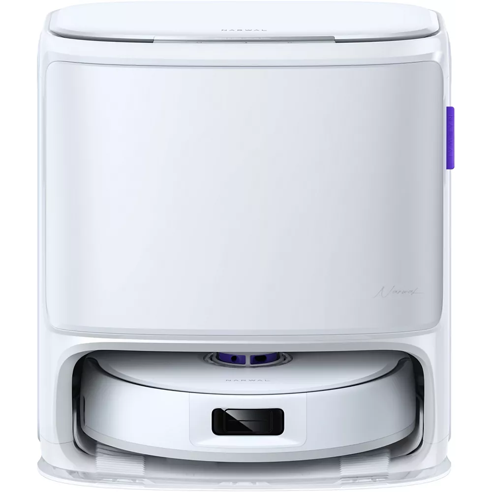 Un aspirateur robotisé NARWAL FREO FLOW blanc est placé dans sa station de charge, vue de face.