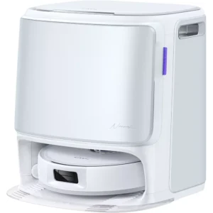 L'aspirateur robot NARWAL FREO FLOW est installé dans sa station de charge et de nettoyage assortie.
