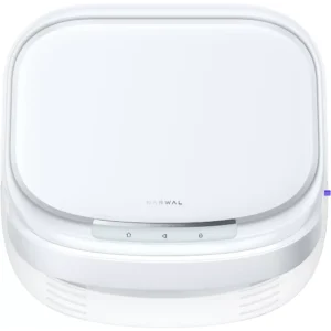La base de chargement de l'aspirateur robot NARWAL FREO FLOW présente un design blanc minimaliste et moderne et est présentée de haut en bas.