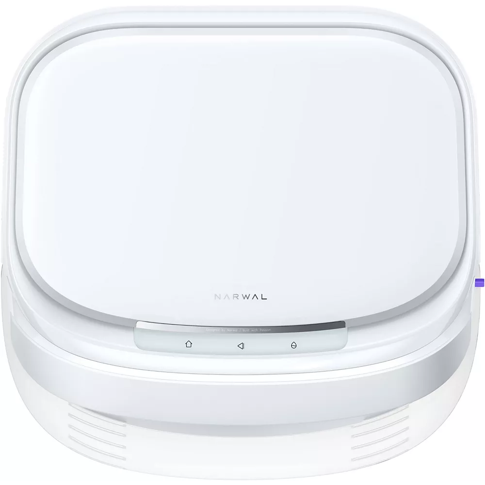 La base de chargement de l'aspirateur robot NARWAL FREO FLOW présente un design blanc minimaliste et moderne et est présentée de haut en bas.