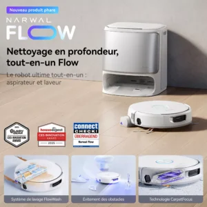 L'aspirateur robot et la station d'accueil FREO FLOW de NARWAL en blanc reposent sur un sol beige, mettant en valeur leurs fonctions avancées.