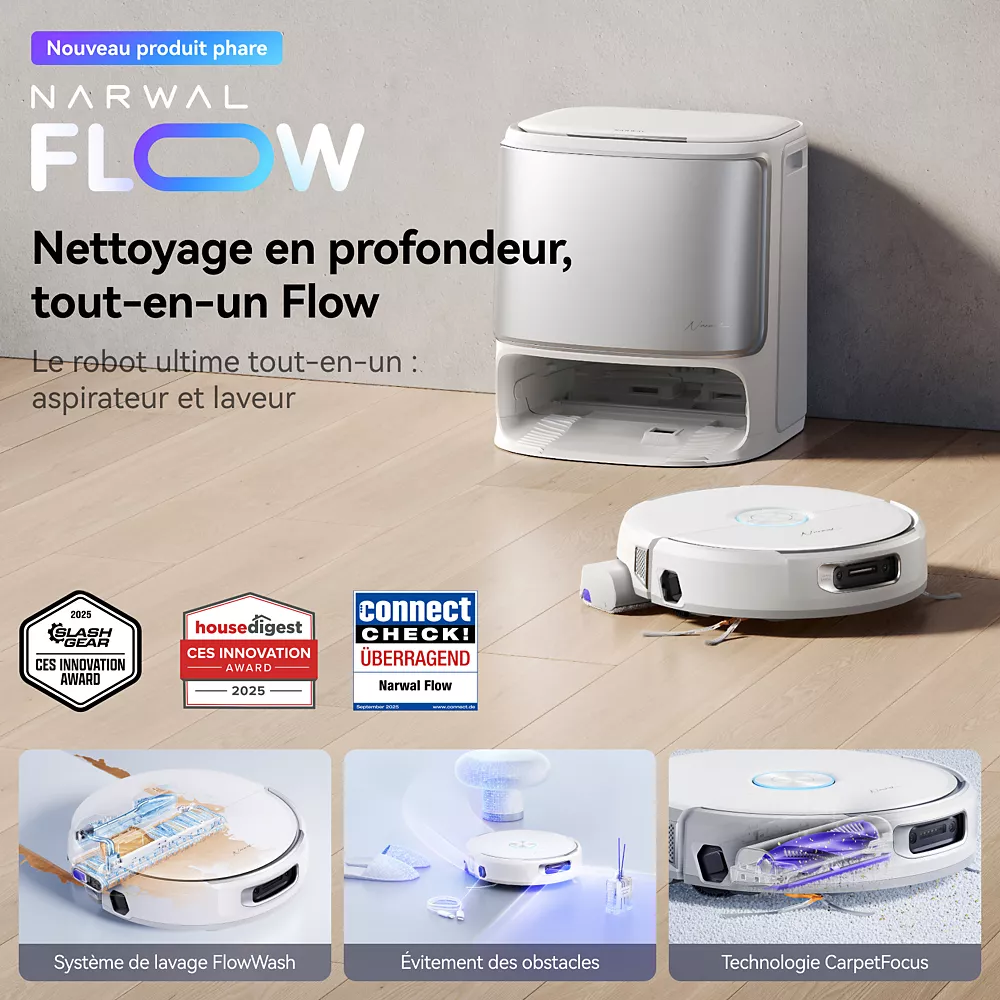 L'aspirateur robot et la station d'accueil FREO FLOW de NARWAL en blanc reposent sur un sol beige, mettant en valeur leurs fonctions avancées.