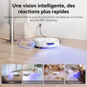 Le robot aspirateur NARWAL FREO FLOW, en blanc, nettoie efficacement près d'un escalier et met en avant ses fonctionnalités innovantes, présentées en français.