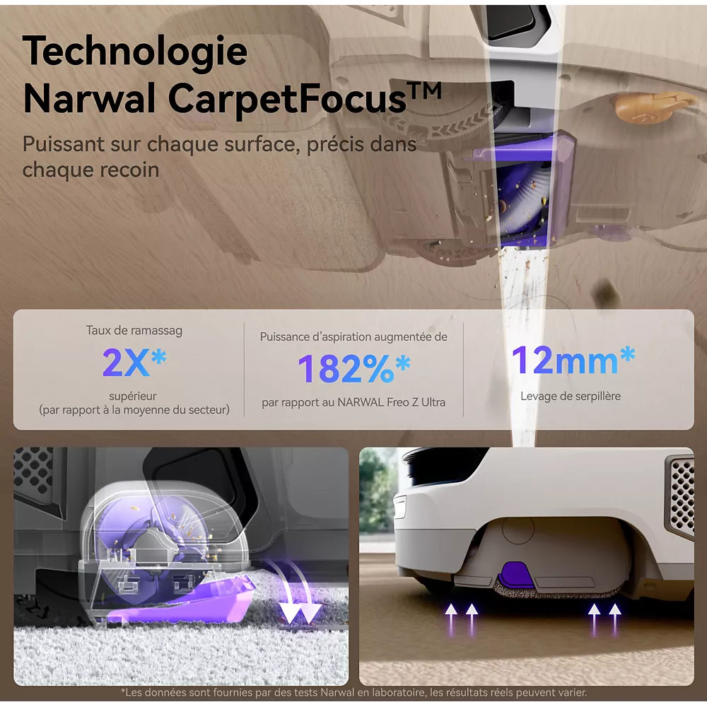Gros plan sur l'aspirateur robot NARWAL FREO FLOW doté de la technologie CarpetFocus, qui met en valeur sa puissance d'aspiration et sa capacité à soulever la serpillière.