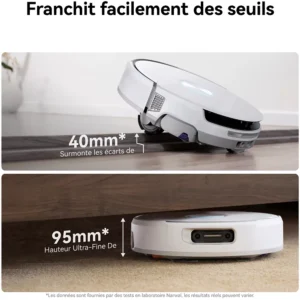 Un aspirateur robot NARWAL FREO FLOW blanc franchit le seuil d'une porte et passe sous un meuble bas, présenté avec le texte et les mesures en français.