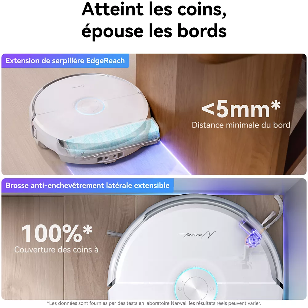 L'aspirateur robot NARWAL FREO FLOW présente les fonctions EdgeReach et 100 % de couverture des coins alors qu'il nettoie près d'un coin, avec des informations affichées en français.