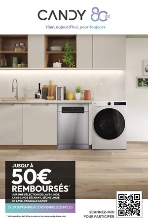 Cuisine moderne équipée d'un lave-vaisselle et d'un lave-linge CANDY, avec une promo JUIN JUILLET 2025 offrant jusqu'à 50€ de cashback ODR. Scannez le code QR pour plus de détails.