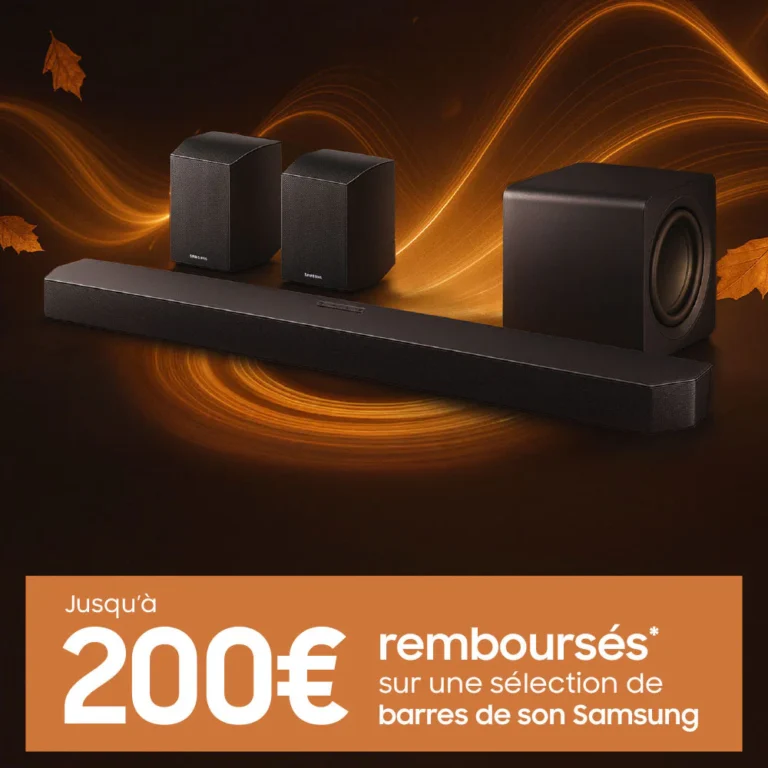 Barre de son, caisson de basse et haut-parleurs Samsung avec texte : "Jusqu'à 200€ remboursés sur les barres de son SAMSUNG. Offre valable jusqu'en 2025.