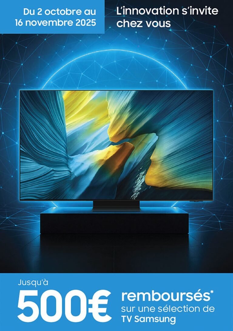 Promotion TV SAMSUNG : jusqu'à 500€ remboursés, plus des économies sur les barres de son. Offre valable du 2 octobre au 16 novembre 2025.