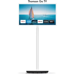 Le téléviseur LED THOMSON 32HA4M44, présenté sur son support, affiche un voilier et des icônes d'applications de streaming sur l'écran.