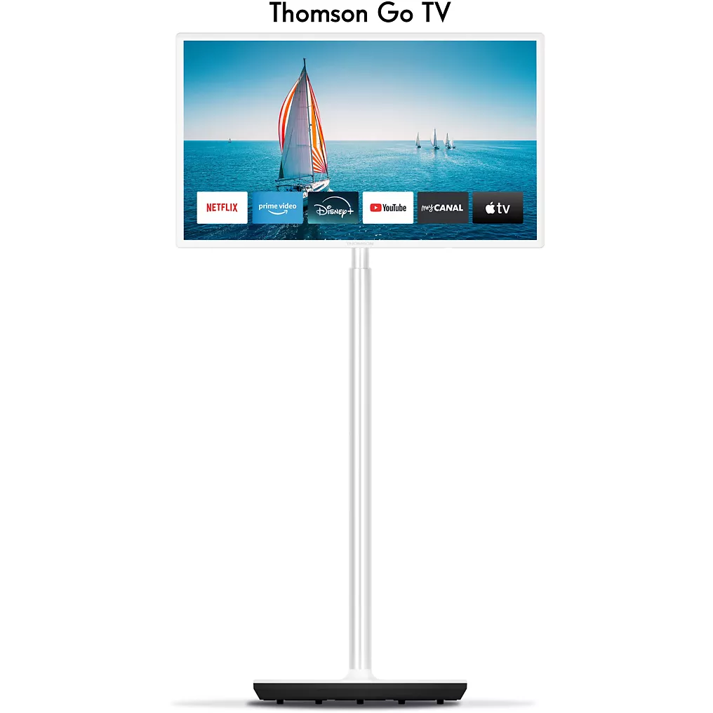 Le téléviseur LED THOMSON 32HA4M44, présenté sur son support, affiche un voilier et des icônes d'applications de streaming sur l'écran.