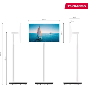 Support de sol avec un téléviseur THOMSON 32HA4M44 LED monté montrant un voilier ; montré de face et de côté avec des dimensions étiquetées.