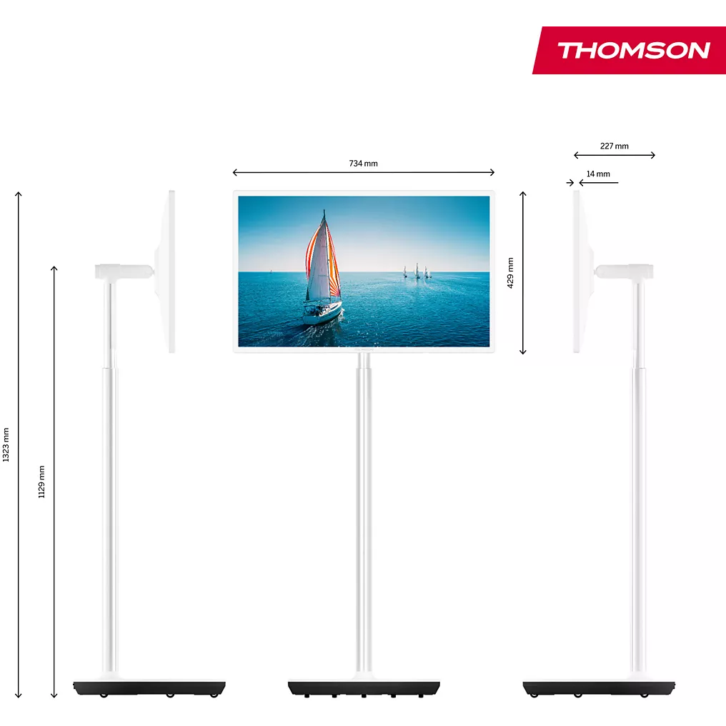 Support de sol avec un téléviseur THOMSON 32HA4M44 LED monté montrant un voilier ; montré de face et de côté avec des dimensions étiquetées.