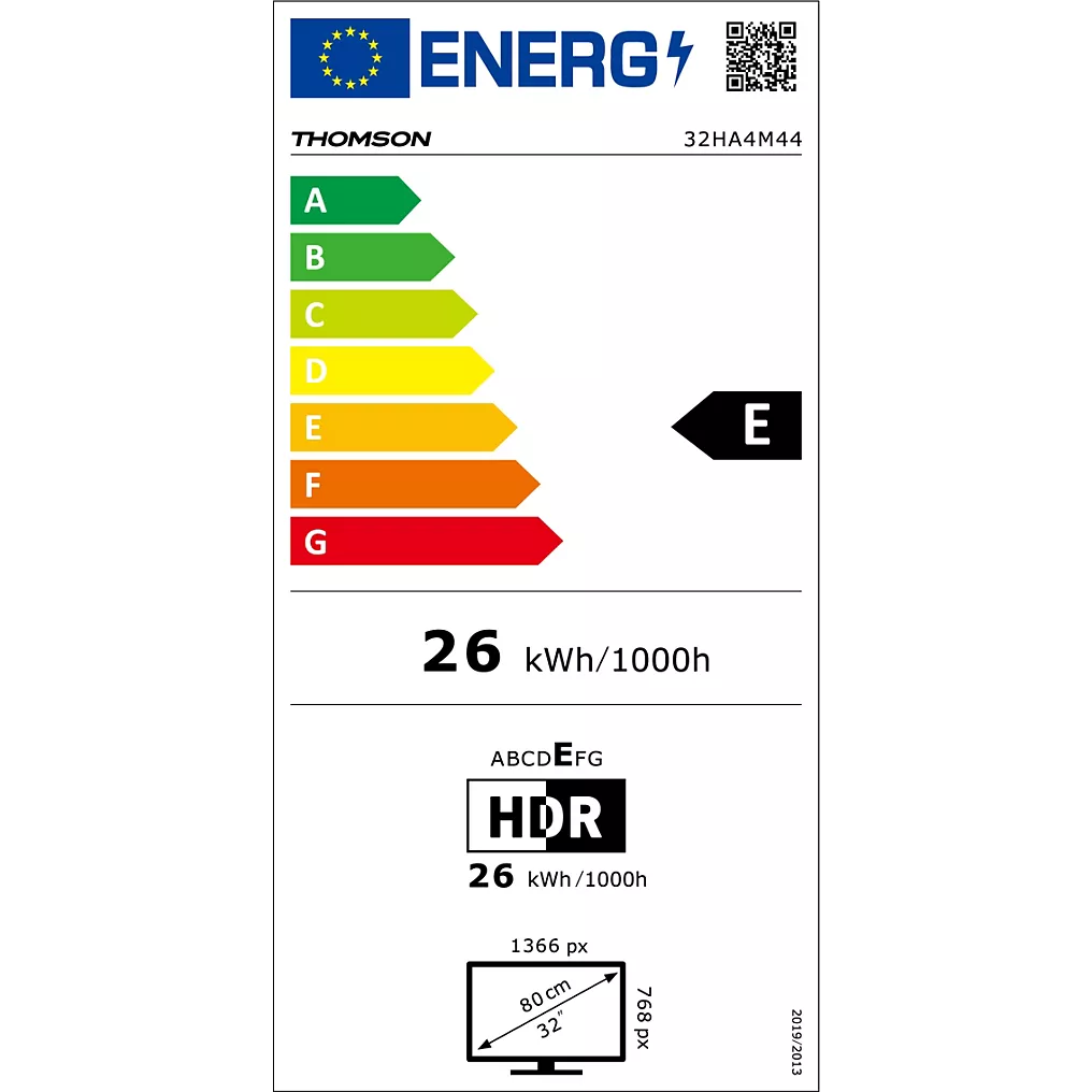 Label énergétique de l'UE pour le téléviseur intelligent THOMSON 32HA4M44 : classé E, 26 kWh/1000h, doté d'un écran HDR de 80 cm.