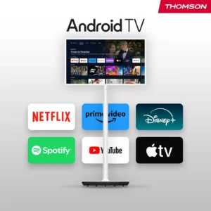 Le téléviseur LED THOMSON 32HA4M44 sur son support présente des applications de streaming populaires telles que Netflix, Prime Video, Disney+, Spotify, YouTube et Apple TV.