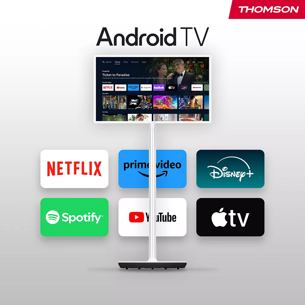 Le téléviseur LED THOMSON 32HA4M44 sur son support présente des applications de streaming populaires telles que Netflix, Prime Video, Disney+, Spotify, YouTube et Apple TV.