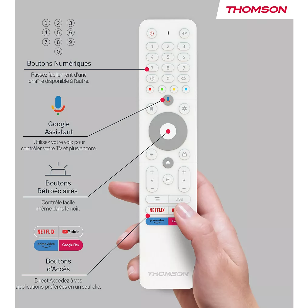 Main tenant une télécommande de télévision THOMSON 32HA4M44, comportant des boutons étiquetés pour Google Assistant, Netflix, rétro et des fonctions d'accès.