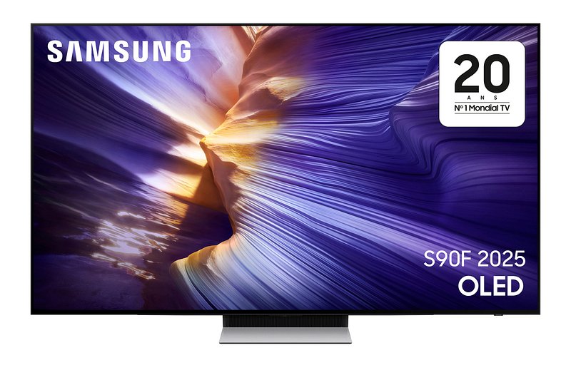Le téléviseur OLED SAMSUNG TQ65S92F affiche un graphisme abstrait violet et or, marqué "S90F 2025" avec un badge du 20e anniversaire.
