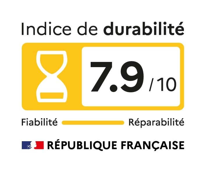 Indice de durabilité français pour SAMSUNG TQ65S92F : icône en forme de sablier, 7,9/10, étiqueté Fiabilité et Réparabilité, avec le drapeau français en dessous.