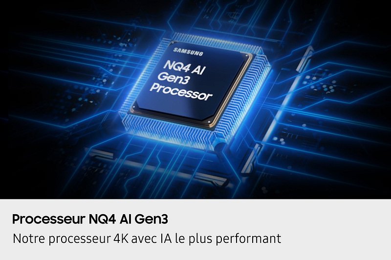 Gros plan du processeur NQ4 AI Gen3 sur fond de circuits électroniques bleus, illustrant la puissance intégrée à la SAMSUNG TQ65S92F.
