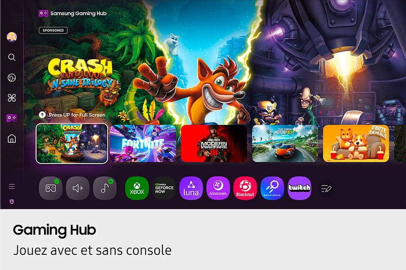 L'interface Gaming Hub du téléviseur SAMSUNG TQ65S92F affiche des icônes de jeux tels que Crash Bandicoot et Fortnite, ainsi que les logos des applications de streaming illustrés ci-dessous, pour un accès facile aux jeux et aux divertissements.