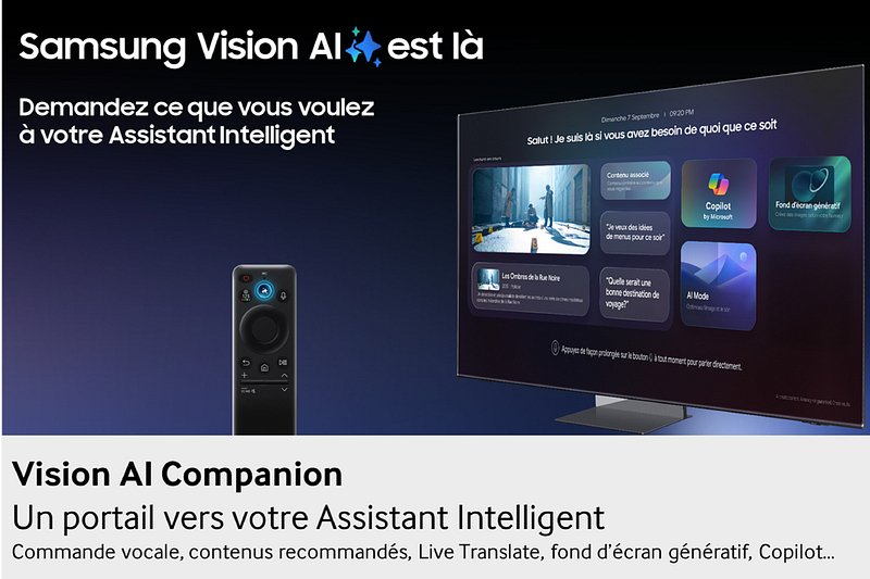 Un téléviseur SAMSUNG TQ65S92F présente les fonctions Vision AI à l'écran et sur la télécommande, en mettant en avant l'assistant Vision AI Companion.