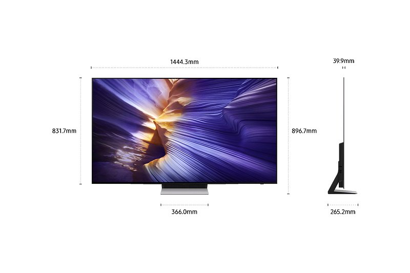 Le SAMSUNG TQ65S92F est doté d'un écran plat de 1444,3 mm (largeur), 831,7 mm (hauteur), 39,9 mm (profondeur) et 896,7 mm (hauteur avec support).