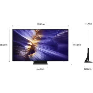 Le téléviseur SAMSUNG TQ77s92f présente un design d'écran plat avec une image abstraite, vue de face et de côté, et inclut des dimensions en millimètres.