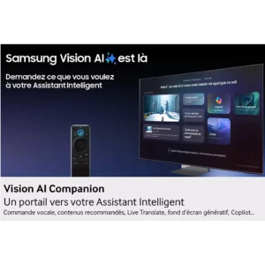 Le nouveau téléviseur SAMSUNG TQ77s92f présente les fonctions Vision AI sur son écran et sa télécommande, avec une interface d'assistant intelligent en français.
